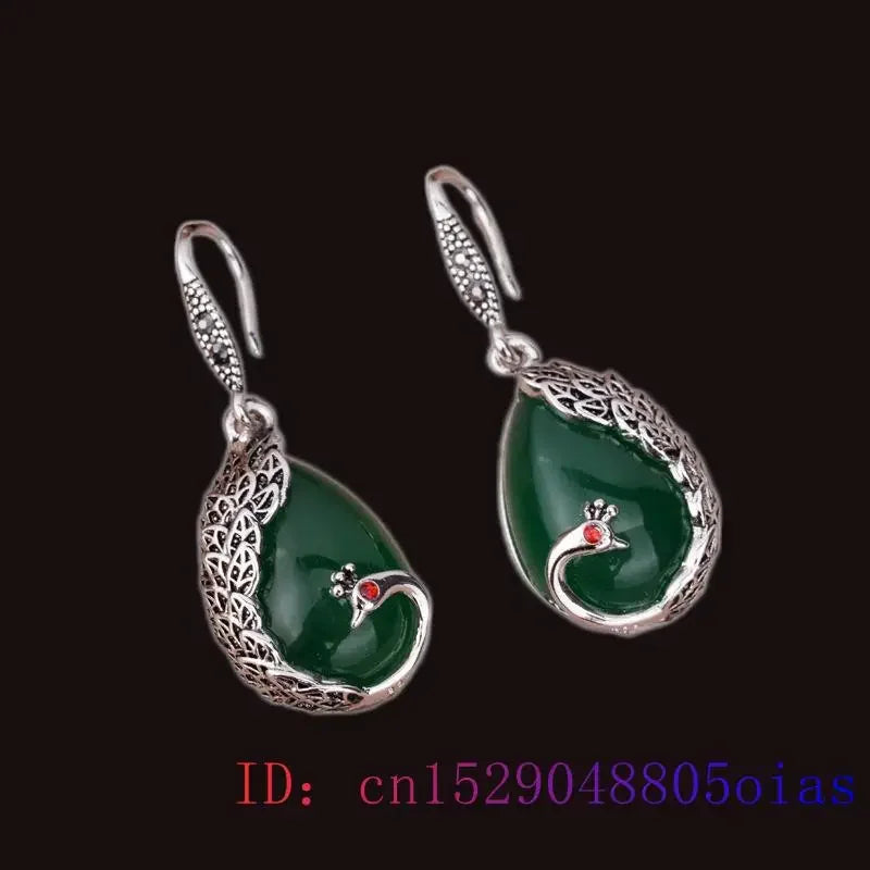 Green Jade Peacock Earrings Gifts Charm Amulet Jewelry Crystal Retro Gemstone Fashion Natural Women Chalcedony 925 Silver