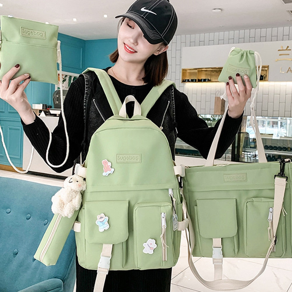 5pcs set Multiple Pockets School Backpack Japanese High School Bags